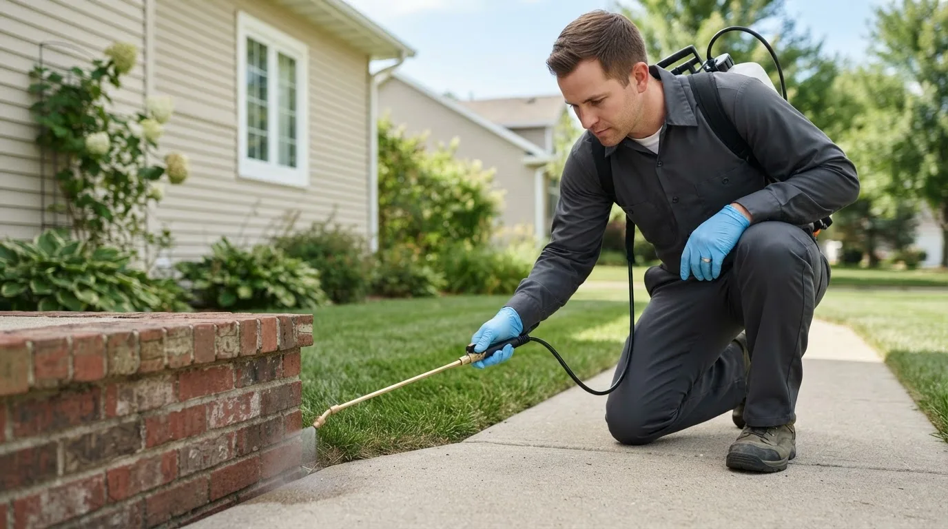 Pest control technician treating a home near Willmar, MN